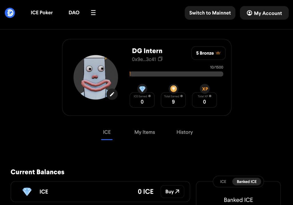 Decentral Games ICE Poker: Account