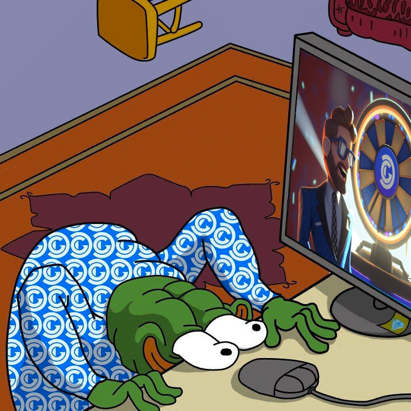 Pepe looking at a computer screen