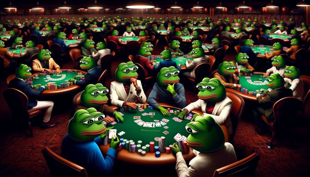 A large poker tournament with all the players as pepe.