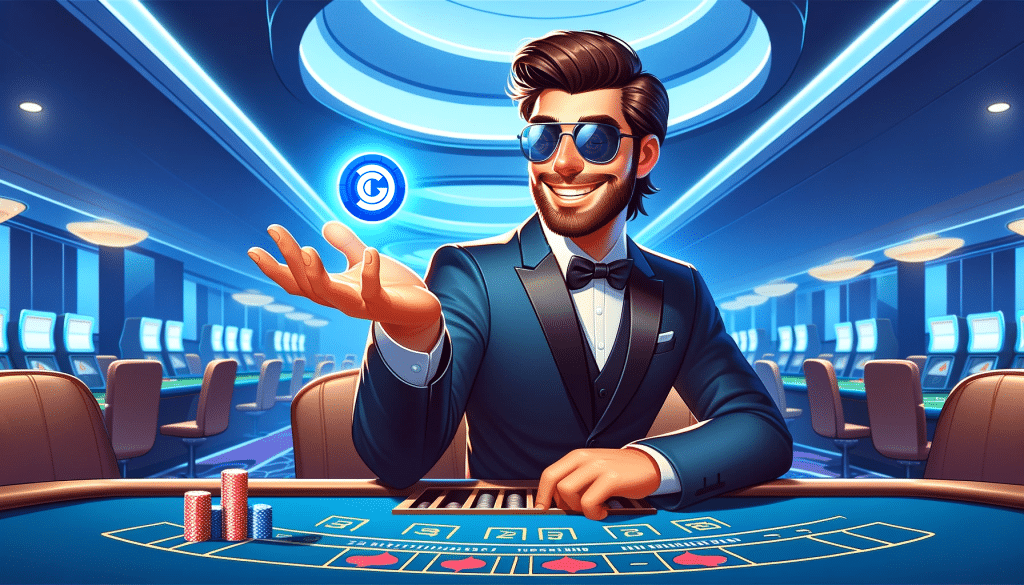 A blue Decentral Games token floating in the hand of a man wearing a blue tux.