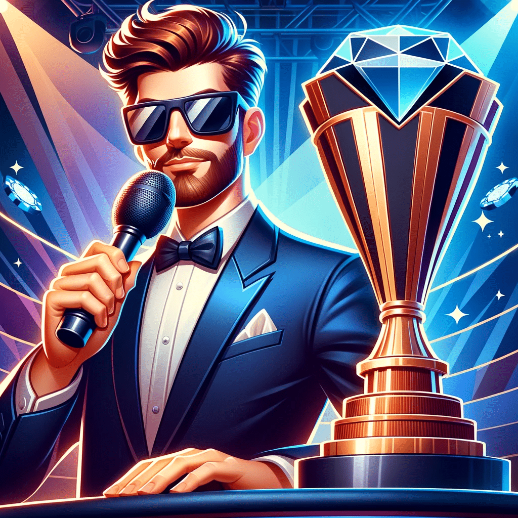A man announcing the start of a tournament. He has brown hair, dark sunglasses, a brown beard, and a dark blue tux. He is standing next to a trophy with a large diamond on top.