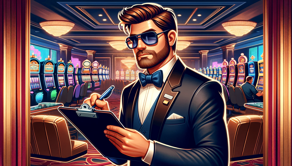 A man holding a clipboard in a casino. He has brown hair, dark sunglasses, a brown beard, and a dark blue tux.