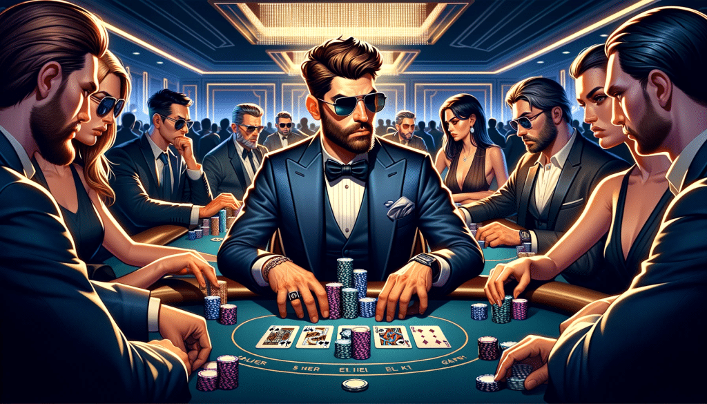 A man playing in a poker game. He has brown hair, a brown beard, dark sunglasses, and a dark blue tux.